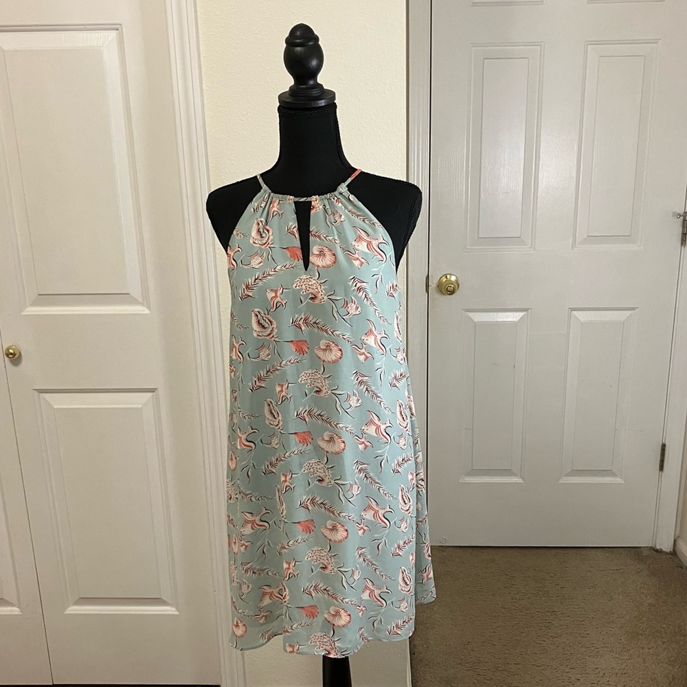 VTG F21 Contemporary Seascape Turquoise and Coral Trapeze Halter Dress Size S